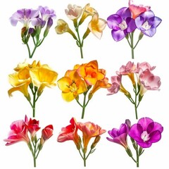 Color freesia flowers isolated, freesia buds set, blossoms collection on white background