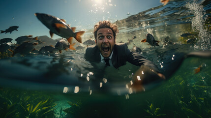 Funny Businessman Swimming Underwater in Suit with Fish for Unique Conceptual Image