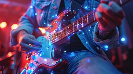 Naklejka premium Close-up of a musician playing an electric guitar with glowing holographic strings, vibrant neon colors reflecting the energy of a live performance, Futuristic, Neon, Sharp focus