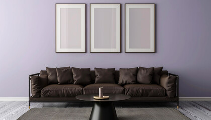 Four frame arrangement, soft lavender wall, chocolate brown sofa, minimalist black table; realistic...