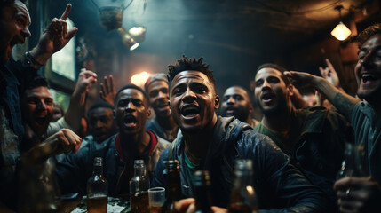 Obraz premium Group of African Men Cheerfully Drinking in a Messy Room
