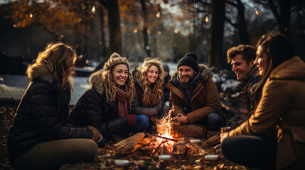 Group of Friends Enjoying a Cozy Winter Picnic in a Park