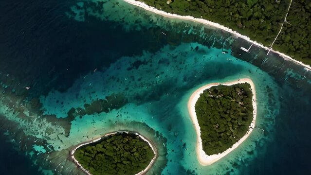 A blue ocean with two islands in the middle