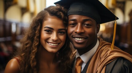 Happy African American Couple Celebrating Graduation Day in Academic Attire