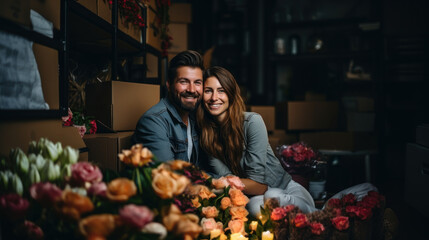 Happy Couple Embracing in Flower Shop Surrounded by Vibrant Blooms and Cardboard Boxes