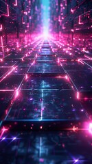 A digitally rendered abstract neon tunnel with a colorful and bright perspective leading to a glowing point