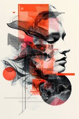 A complex abstract illustration with a portrait theme utilizing red and black tones and various graphical elements