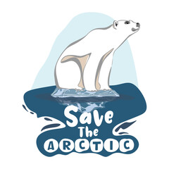 Global warming poster design. Ecological catastrophe. Save Arctic and arctic animals. Save environment. Save penguins and polar bears