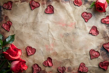 Withered rose petals become a brownish crumpled vintage rustic old blank paper frame