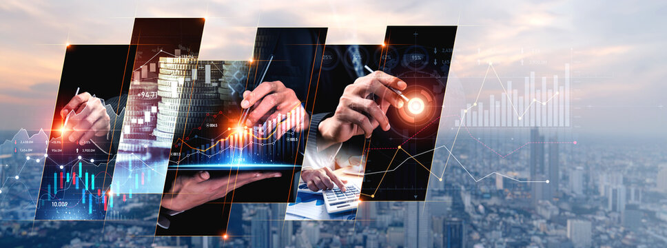 Futuristic business digital financial data technology concept for future big data analytic and business intelligence research for businessman analyst invest decisions making panoramic banner vexel