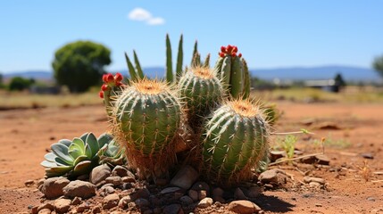 Large Cactus with Two Smaller Cacti at the Base in Arid Desert Landscape