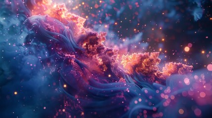 Vibrant abstract image resembling underwater coral with neon colors and glittering particles against a blue backdrop