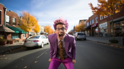 Obraz premium Non-Binary Person Making Funny Face on Footpath in Vibrant Fall Urban Street