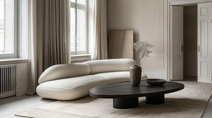 Minimalist living room with a low-profile sofa, simple coffee table, and a monochrome color scheme