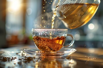 Fototapeta premium Pouring brown tea into glass cup, pouring black tea from teapot, aromatic hot tonic beverage closeup
