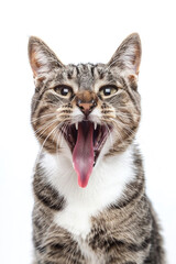 A cat making a funny face with its tongue out, isolated on a white background