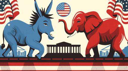 Blue donkey and red elephant representing democrat and republican us parties. Symbols in USA political debate, election, campaign, concept