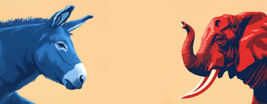 Blue donkey and red elephant representing democrat and republican us parties. Symbols in USA political debate, election, campaign, concept