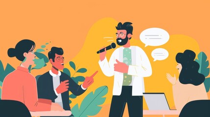 Man holding a microphone and presenting ideas to colleagues