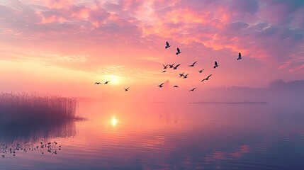 Fototapeta premium Birds gracefully soaring over a tranquil lake at dawn