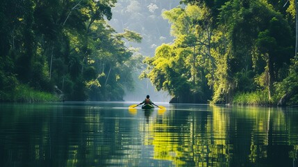 Person kayaking peacefully along a tranquil river, with the calm waters reflecting the surrounding lush greenery and towering trees - Powered by Adobe