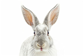 A rabbit with its ears flopped over its face, looking goofy, isolated on a white background