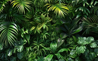 Lush green foliage background with dense tropical trees and bushes.