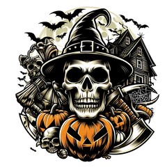 A skull with a hat and pumpkins realistic harmony attractive art used for printing.