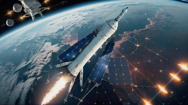 Missile with smoke launching towards the target on the starry sky video