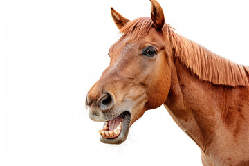 A horse grinning broadly, showing teeth, isolated on a white background