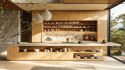 Modern Japanese kitchen with open shelving, sleek countertops, and bamboo finishes