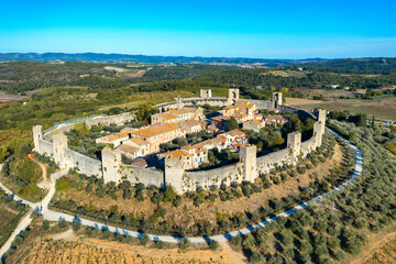 Beautiul aerial view of Monteriggioni, Tuscany medieval town on the hill. Tuscan scenic landscape...