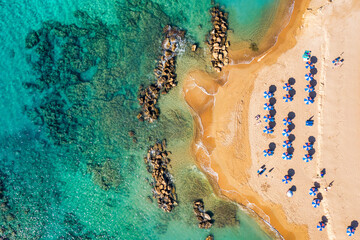 Aerial panoramic view of Coral bay beach, Cyprus. Overhead view of Coral Bay beach, Peyia village,...