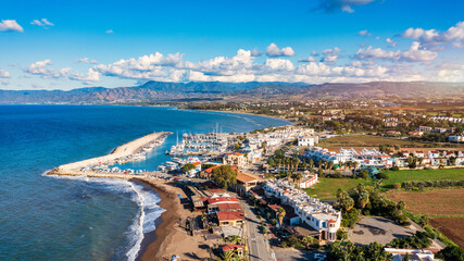 View of Latchi port, Akamas peninsula, Polis Chrysochous, Paphos, Cyprus. The Latsi harbour with...