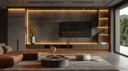 Modern living room with a sleek entertainment center, leather sofa, and stylish lighting