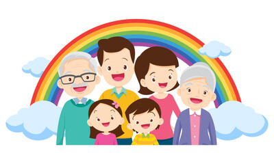 Happy big family in front of house ,rainbow