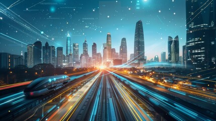 Fototapeta premium Futuristic Urban Skyline with Hyperloop Tracks and Autonomous Vehicles Under Starry Sky