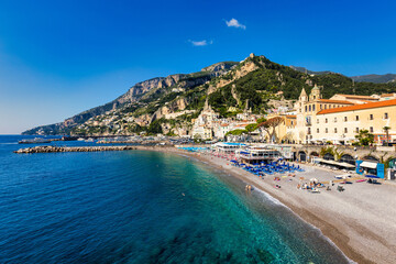 Fototapeta premium View of beautiful Amalfi town, Campania, Italy. Amalfi coast is most popular travel and holiday destination in Europe. Amalfi cityscape on coast line of mediterranean sea, Amalfi coast, Italy.