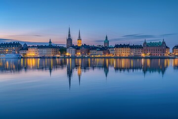 Fototapeta premium Serene Scandinavian City Skyline at Blue Hour with Minimalist Architecture