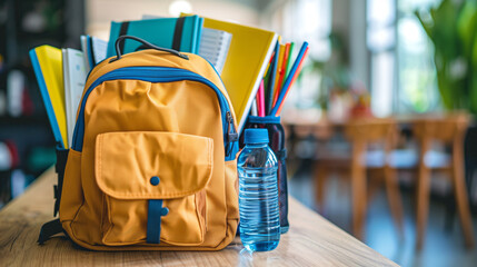 A yellow backpack filled with school supplies, such as books and pens, is placed on the table in front of it. A blue water bottle sits next to them, back to school concept
