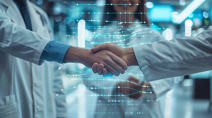 Researchers shaking hands in a biotech lab, overlaid with digital representations of genetic data