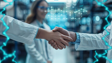 Researchers shaking hands in a biotech lab, overlaid with digital representations of genetic data