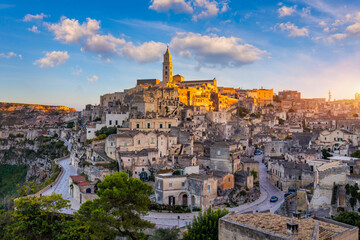 Panoramic view of the ancient town of Matera (Sassi di Matera) in a beautiful autumn day,...