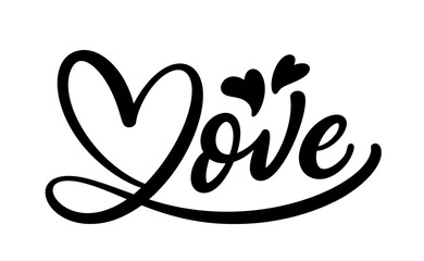 Love, hand drawn calligraphy with cute hearts signs. Modern handwritten brush lettering design. Love - romantic text composition. Vector typography.