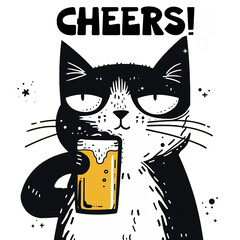 Funny cat Illustration. Black Cat Silhouette. Cat with Beer.