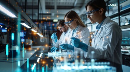 Researchers working in a biotech lab, overlaid with stock market graphs and financial data