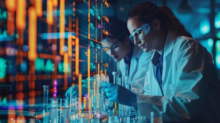 Researchers working in a biotech lab, overlaid with stock market graphs and financial data