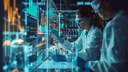 Scientists collaborating on a biotech project, overlaid with financial graphs and business charts