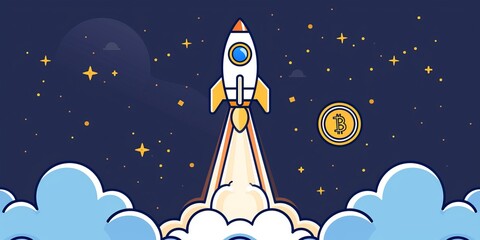 A cartoon rocket ship launching into space with a Bitcoin.