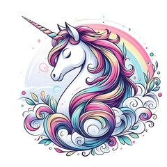 A unicorn with rainbow hair and rainbow in the background realistic lively used for printing realistic has illustrative.